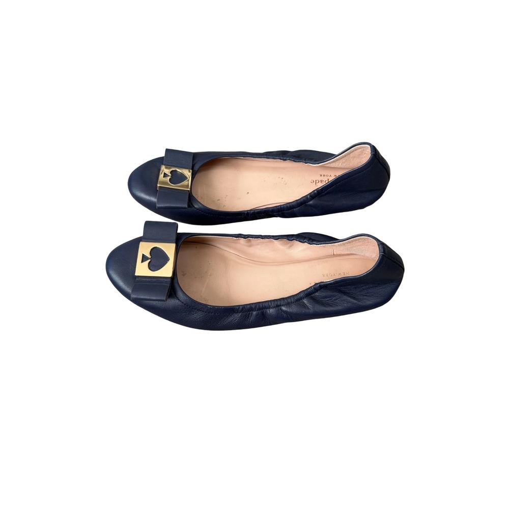 Kate Spade Maline Ballet Flats Women 8M Navy Blue Good Leather Bow‎ Spade Logo